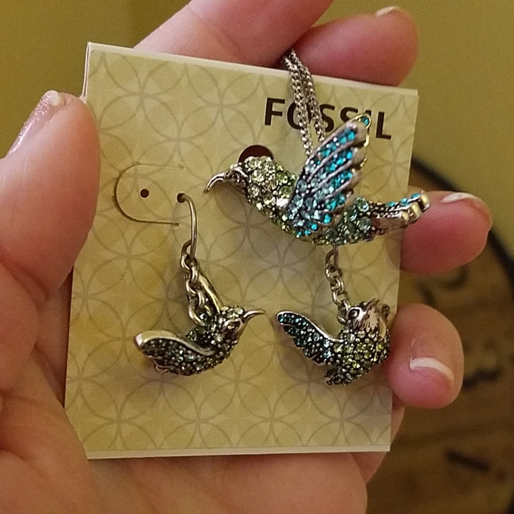 Fossil Hummingbird necklace and matching earrings
